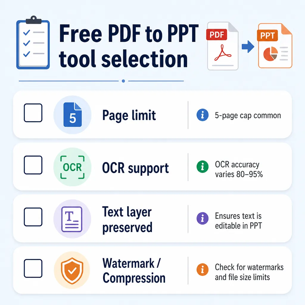 Checklist-style infographic titled “Free PDF to PPT tool selection”. Four checkboxes: page limit, OC