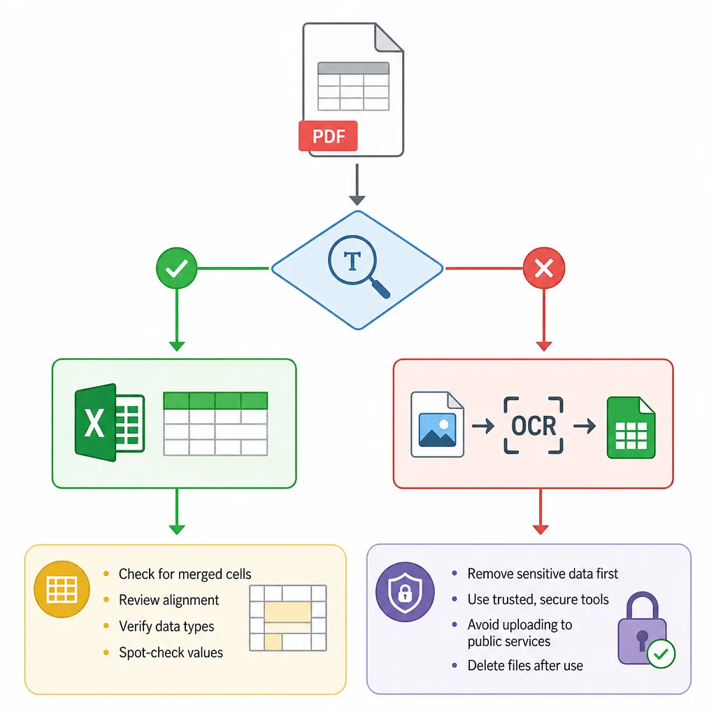 Clean flowchart infographic with decision nodes: “Select text in PDF?” yes/no, then branches to “Con