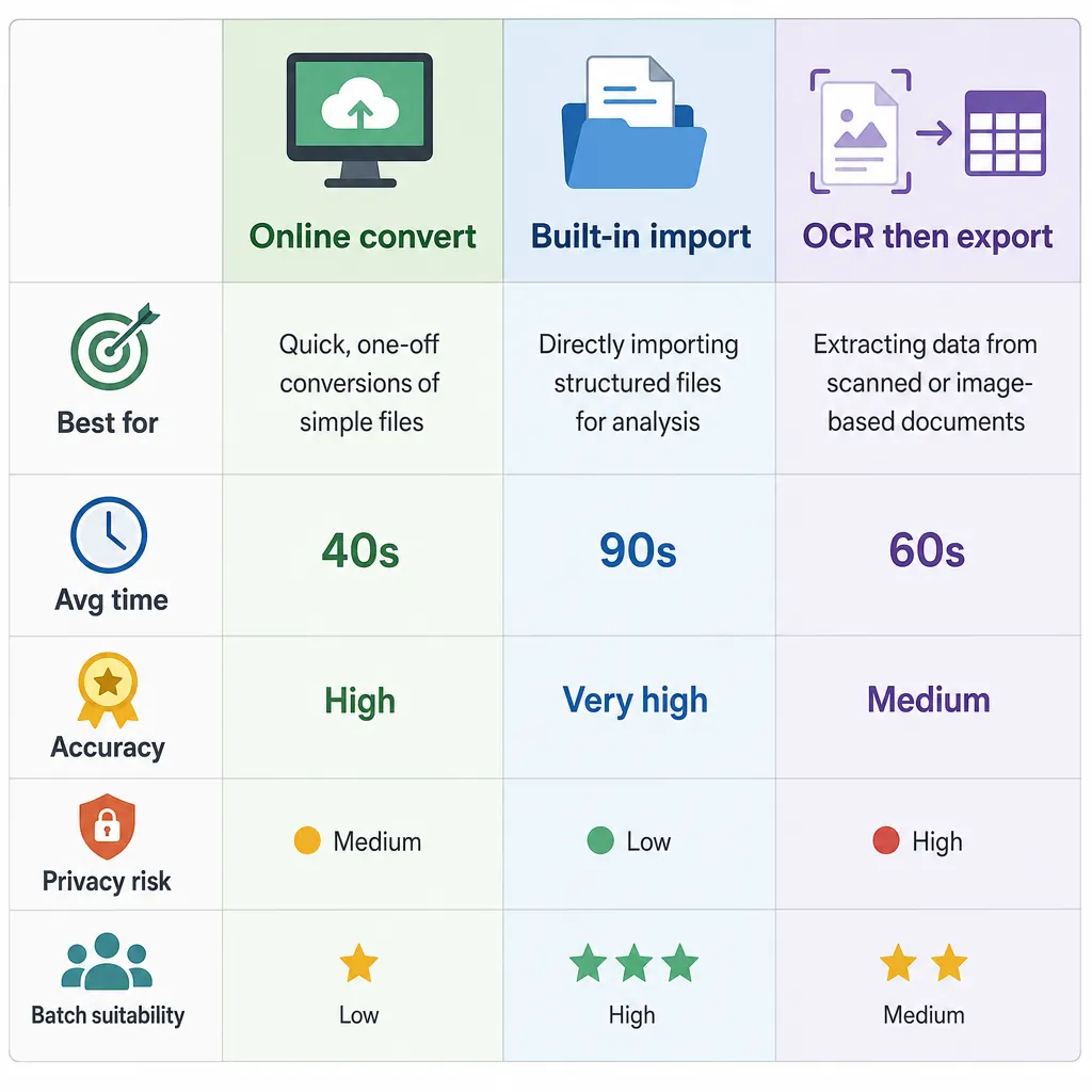 Comparison table infographic with 3 columns (Online convert, Built-in import, OCR then export) and r