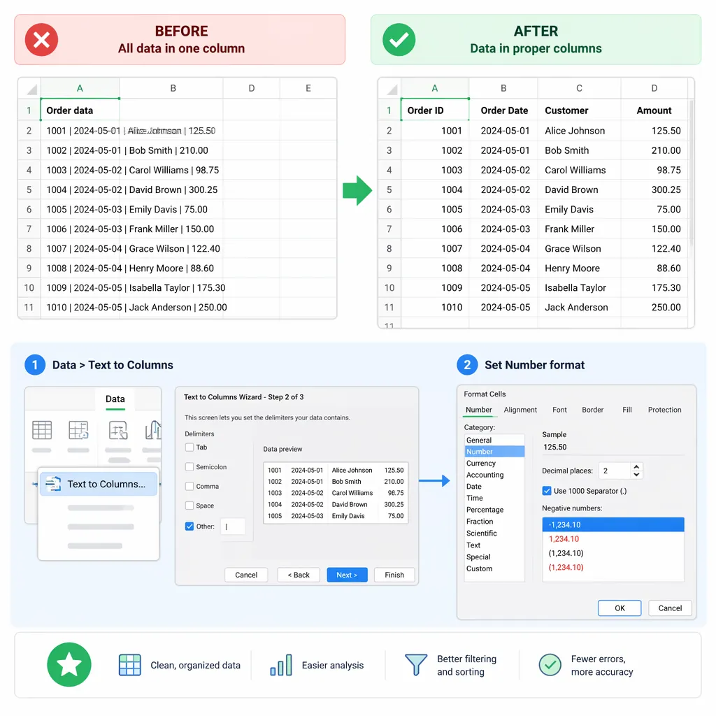 Before-and-after spreadsheet screenshot style infographic showing “all data in one column” vs “prope