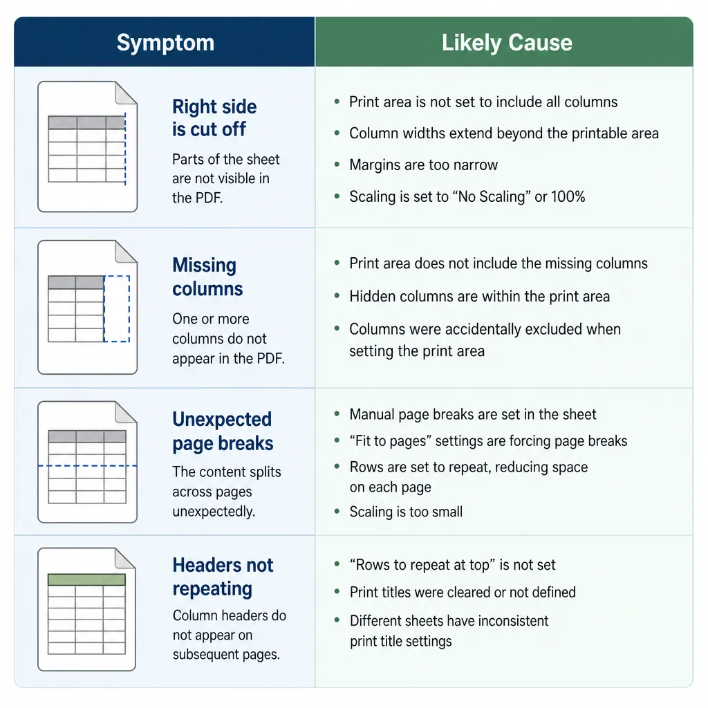 Infographic table mapping Excel-to-PDF problems to causes, with two columns “Symptom” and “Likely Ca