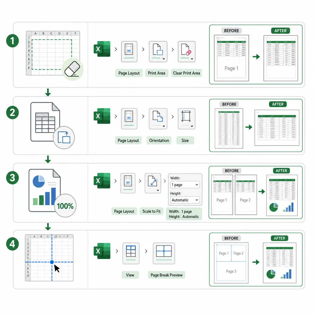 Flowchart with 4 steps for fixing Excel to PDF pagination: Clear Print Area, Set Orientation/Size, S