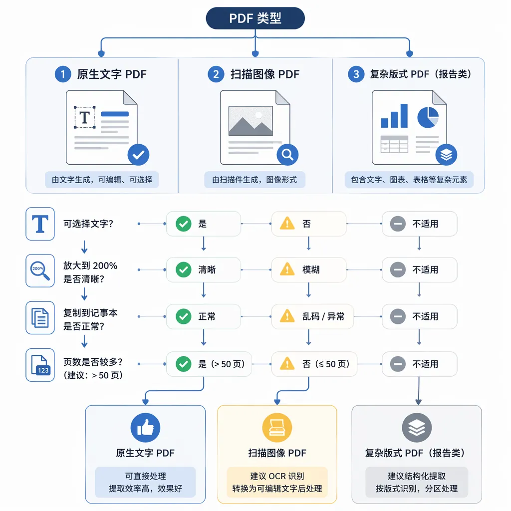 A clean flowchart infographic in Chinese style showing 3 PDF types (native text PDF, scanned image P