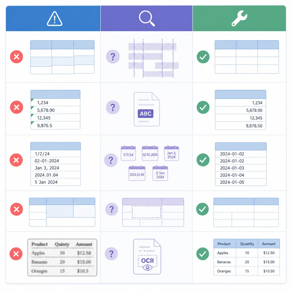 A table-style infographic with three columns: Problem, Likely Cause, Fix; rows include misaligned ta