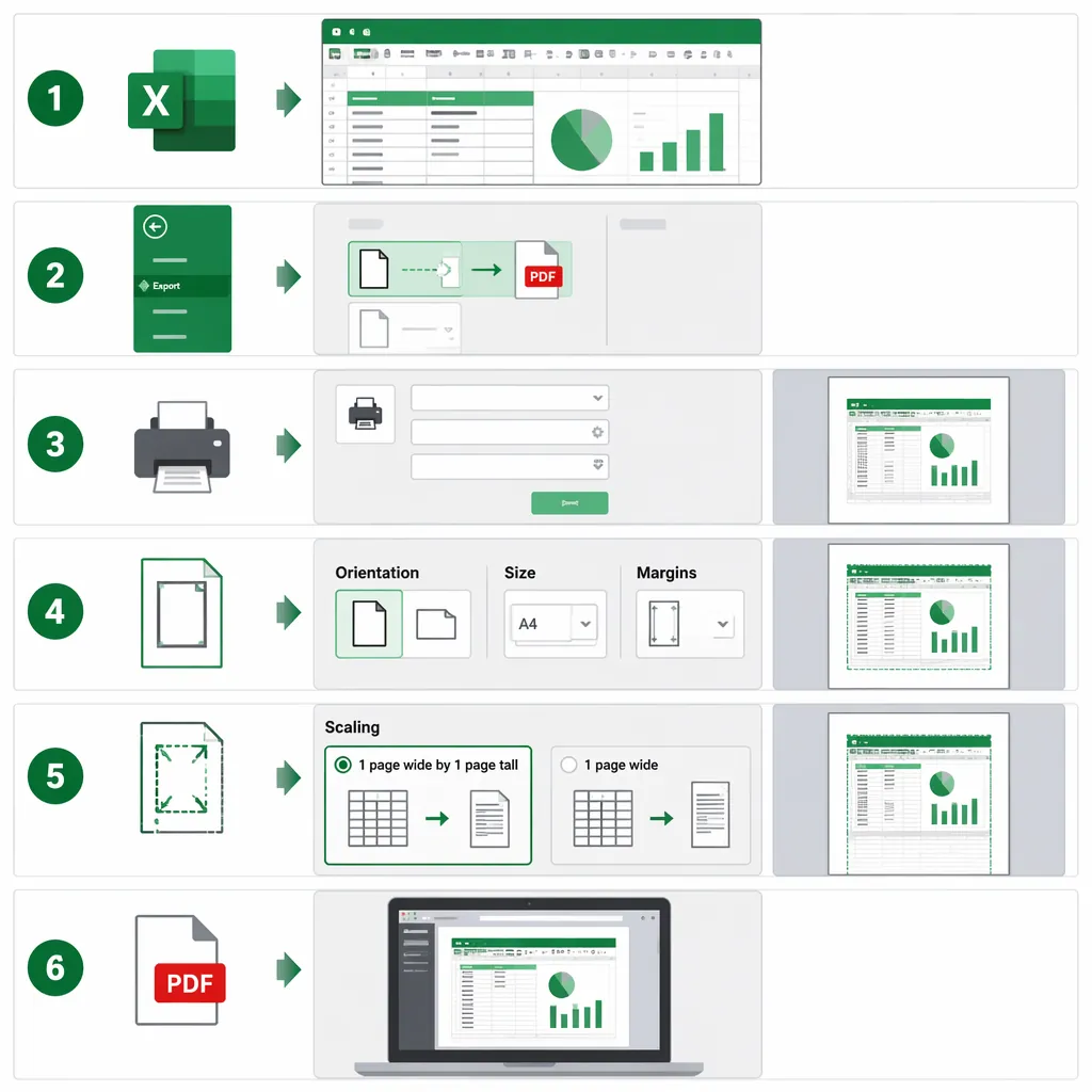Step-by-step infographic showing Excel to PDF export and one-page print settings: Page Layout orient