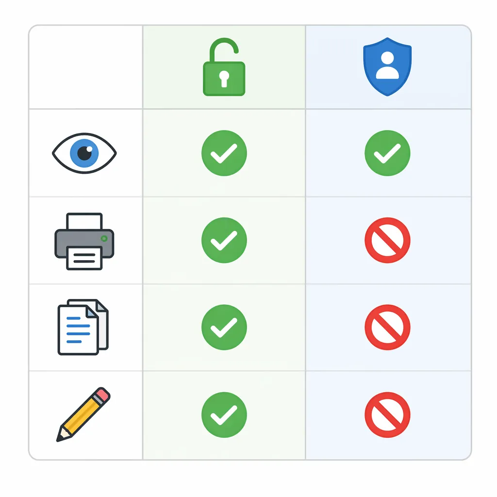 Simple comparison infographic table: “Open password vs Permission restrictions” with icons for view/