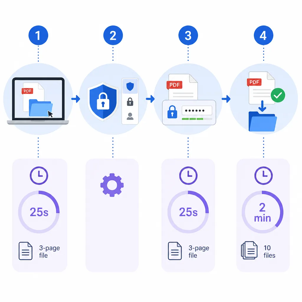 Step-by-step flowchart for “Encrypt a PDF” with 4 nodes: open file, security/protect, set password, 