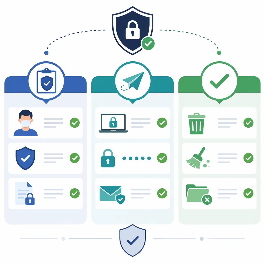 Security checklist infographic with three stages “Before sending / During sending / After sending”, 