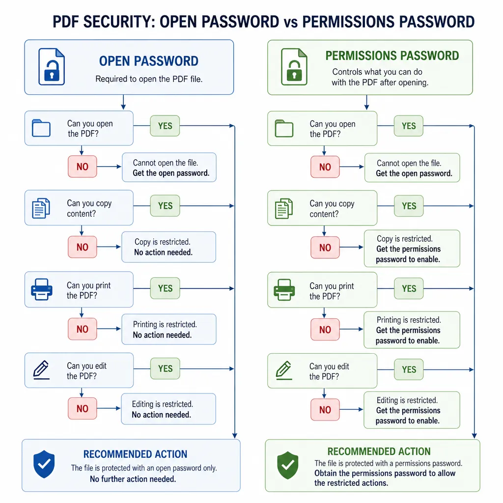 A clean decision-flow infographic comparing two PDF security types: “Open password” vs “Permissions 
