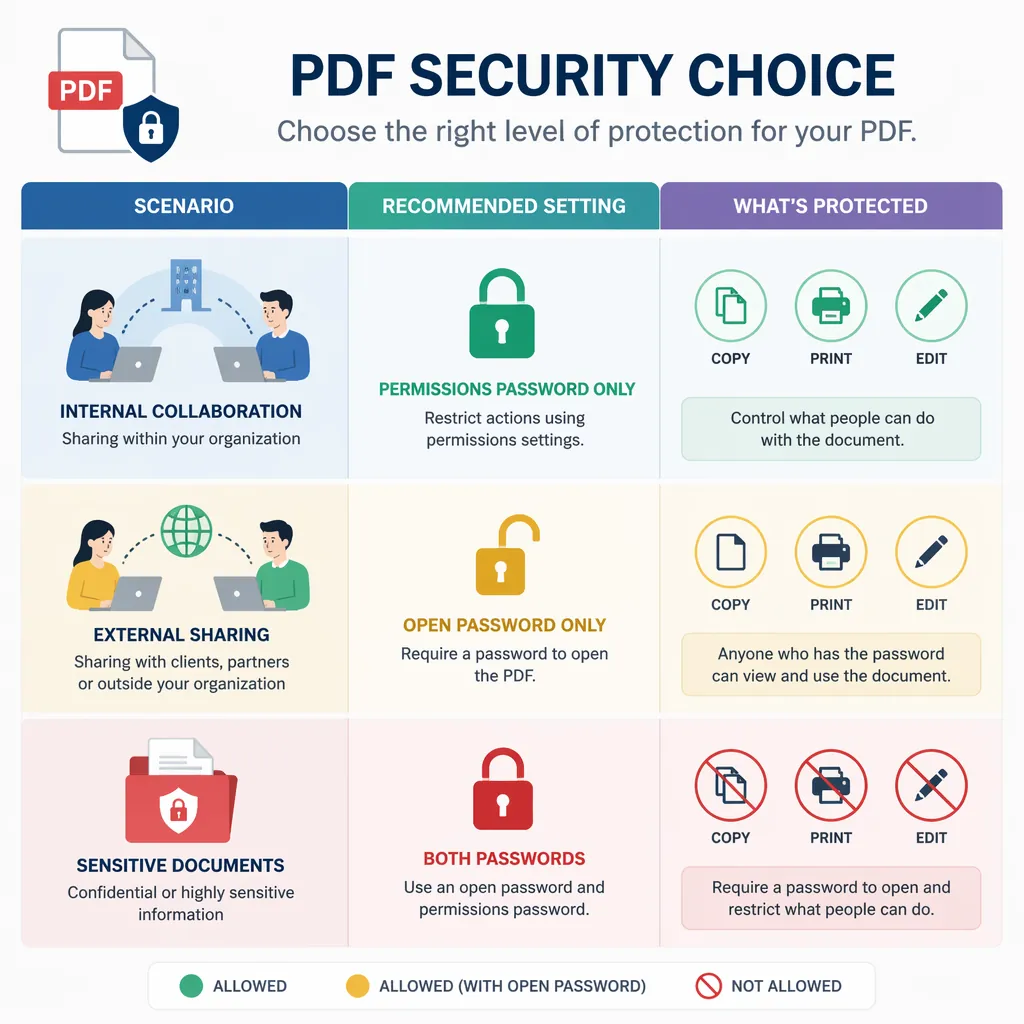 A simple “PDF security choice” infographic with three scenarios (internal collaboration, external sh