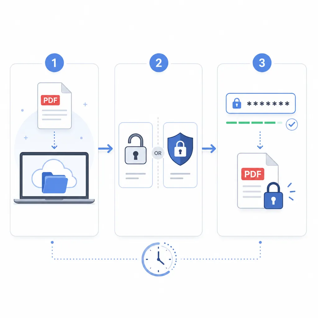Minimal 3-step flowchart infographic for PDF encryption: Step 1 Upload/Import PDF, Step 2 Choose enc