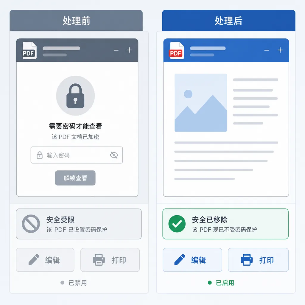 Two-panel UI mockup showing “Before: password protected PDF (lock icon, edit/print disabled)” vs “Af