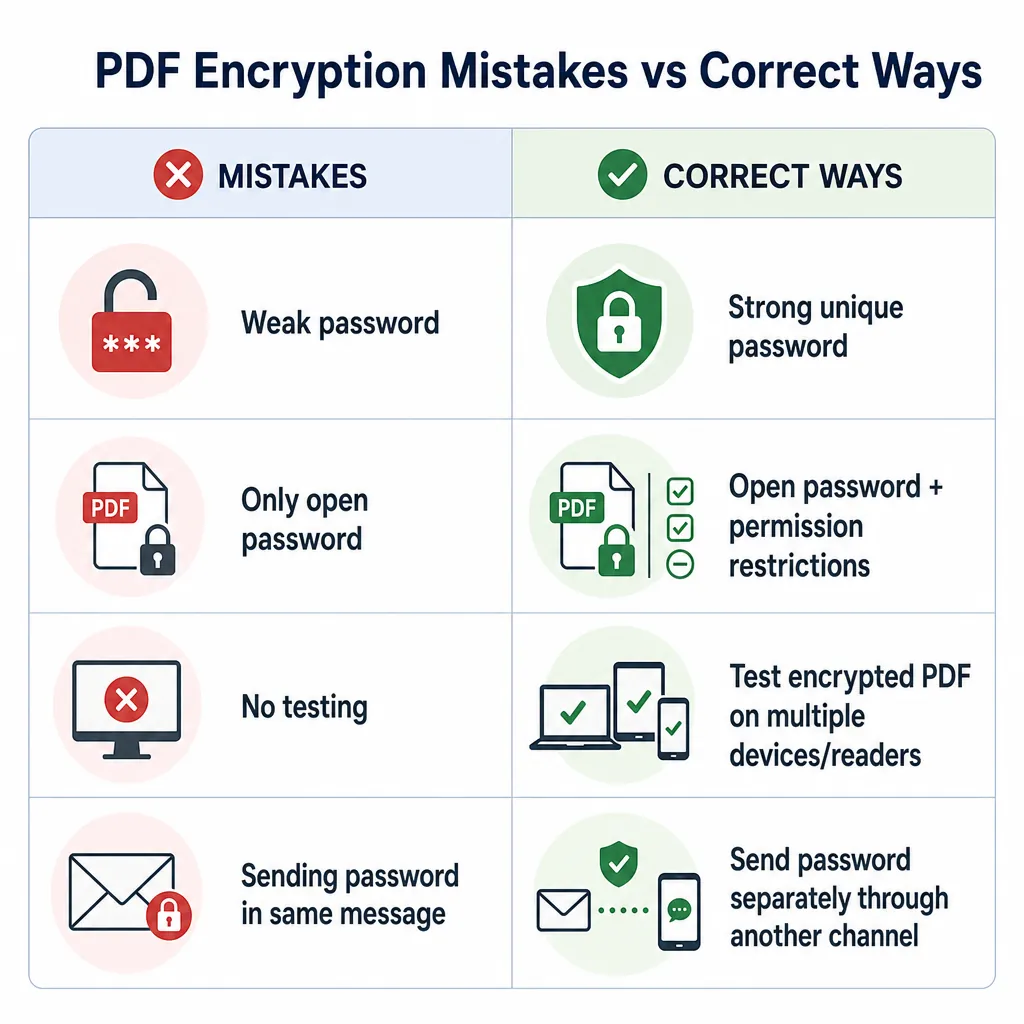 Comparison infographic table titled “PDF Encryption Mistakes vs Correct Ways”, 4 rows: weak password