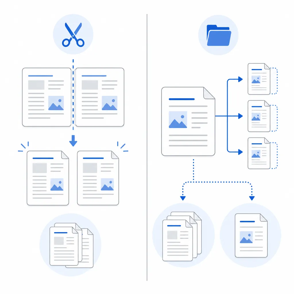 Clean infographic comparing “Page Split” vs “File Split” for PDFs, with two columns, icons for sciss