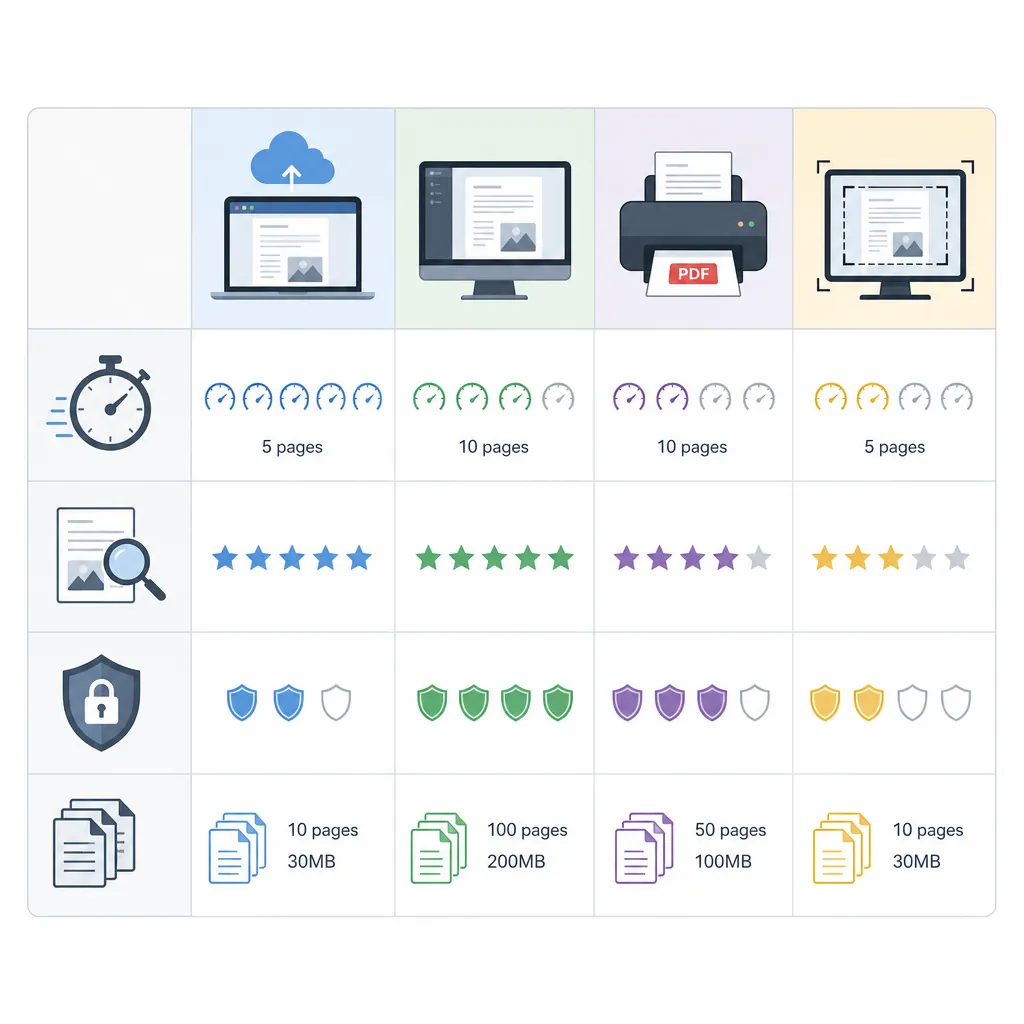Comparison table infographic of 3 methods (online tool, desktop software, print-to-PDF, screenshot) 