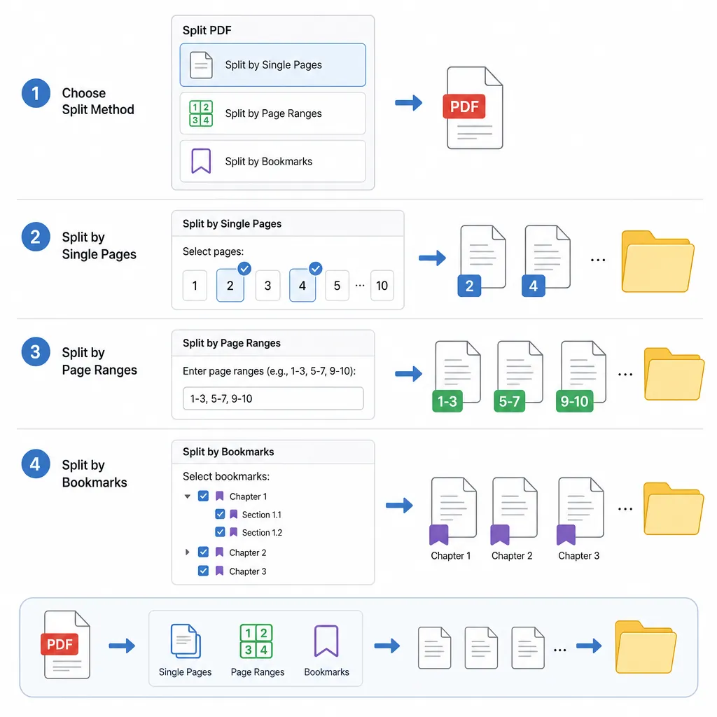 Step-by-step UI-style diagram showing PDF split options: split by single pages, split by page ranges