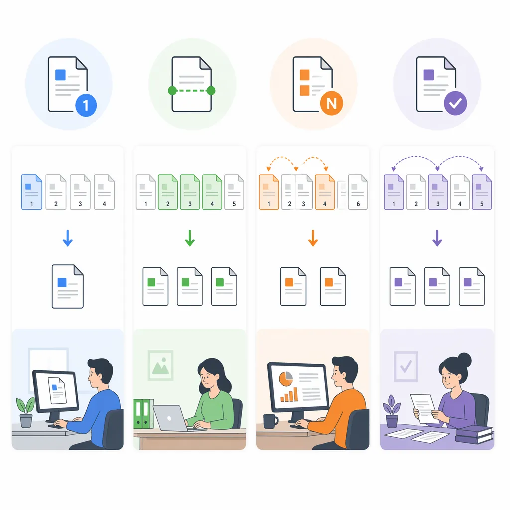 Clean infographic comparing 4 PDF split modes (single page, page range, every N pages, extract selec