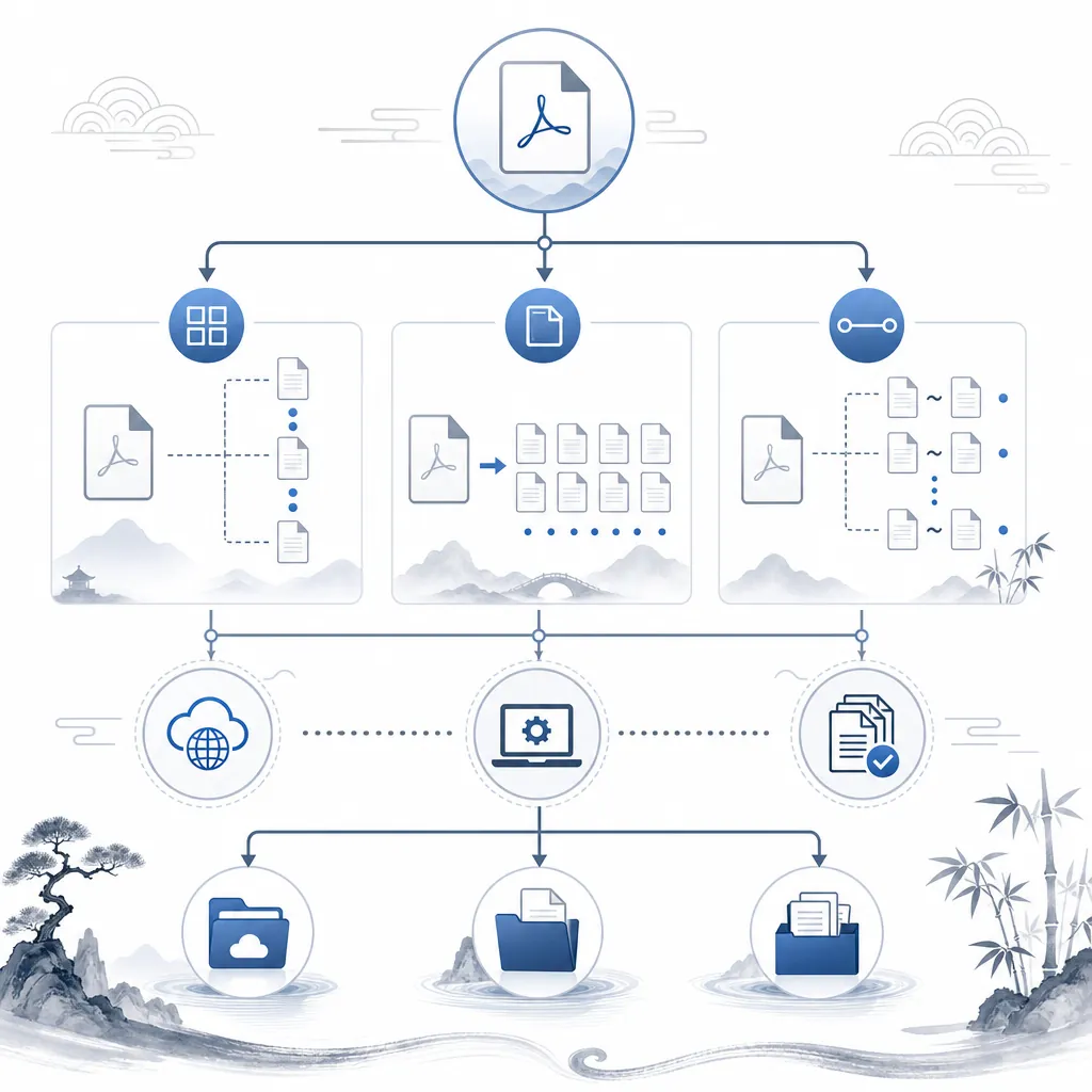 A clean flowchart infographic in Chinese style showing three PDF split needs: split by page numbers,