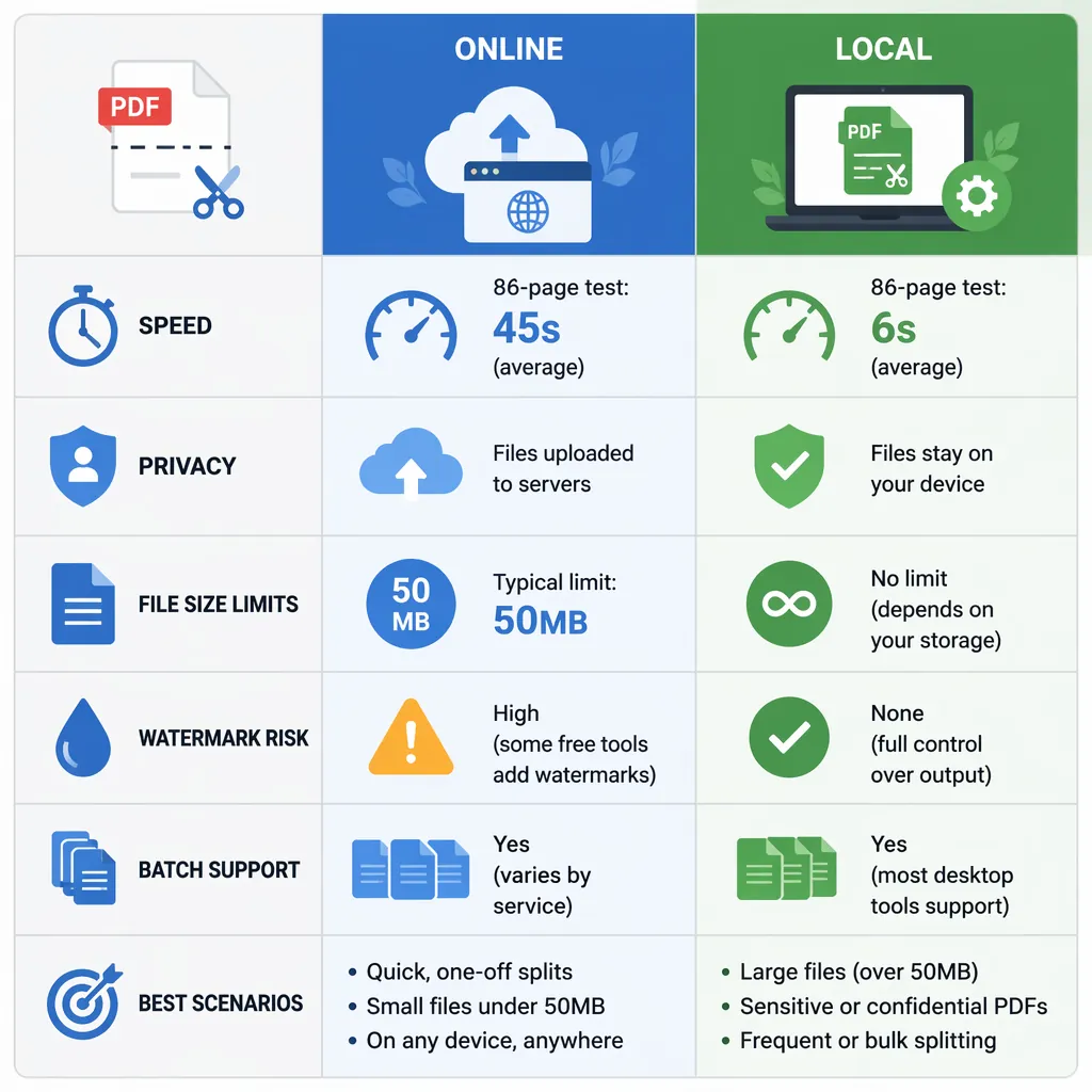 Comparison table infographic with two columns Online vs Local PDF splitting; rows: speed, privacy, f