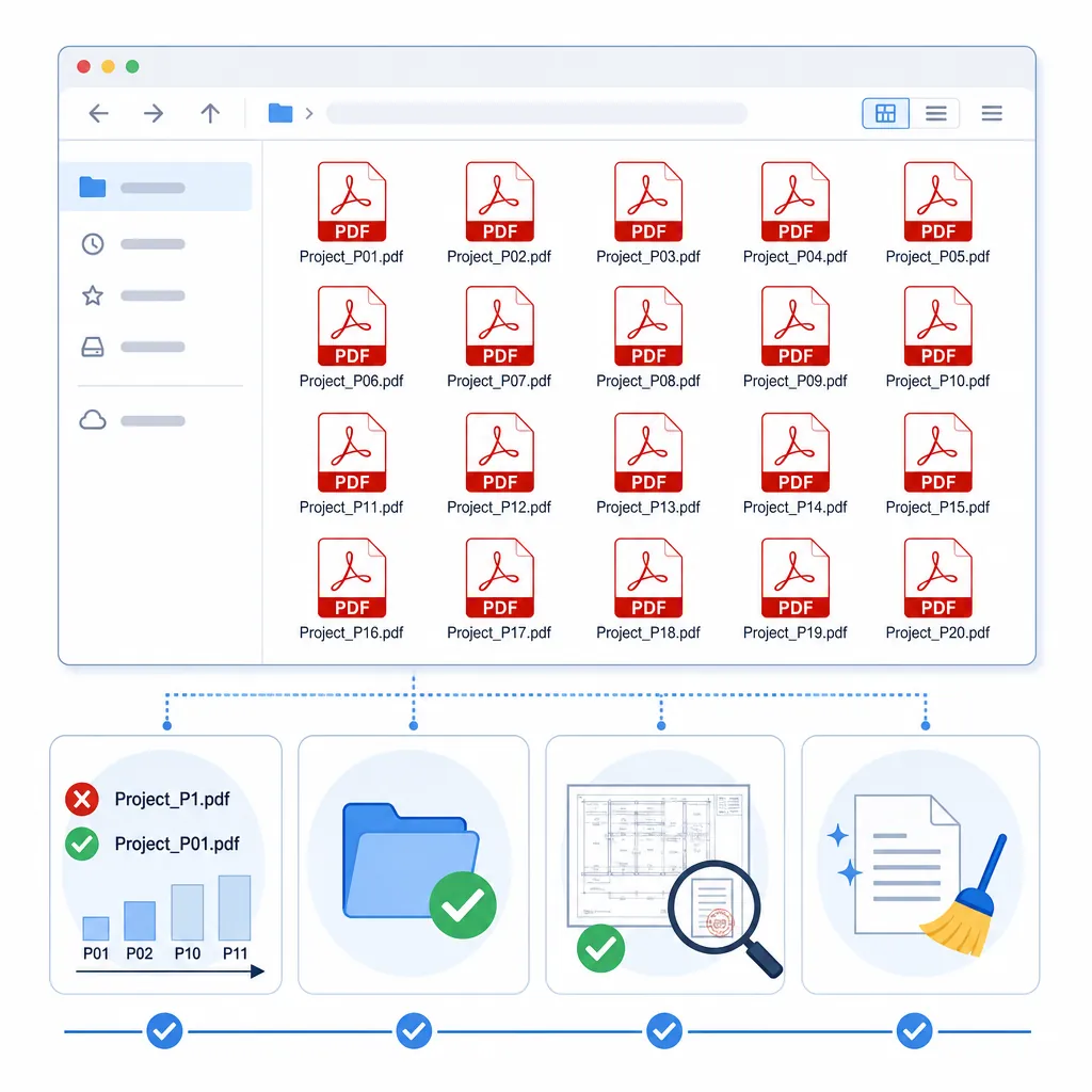 A file naming mockup screenshot-style infographic showing a folder with many single-page PDFs named 