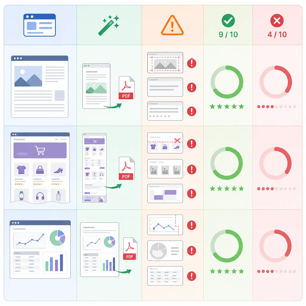 Comparison infographic table for web-to-PDF scenarios: article page, long e-commerce page, dynamic r