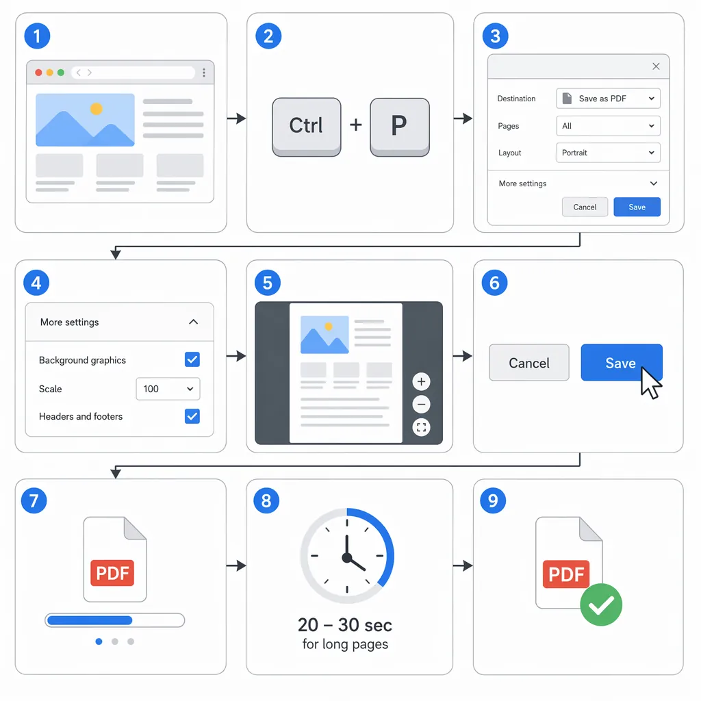 Step-by-step flowchart for browser Save as PDF: clean page, Ctrl+P, select Save as PDF, set backgrou
