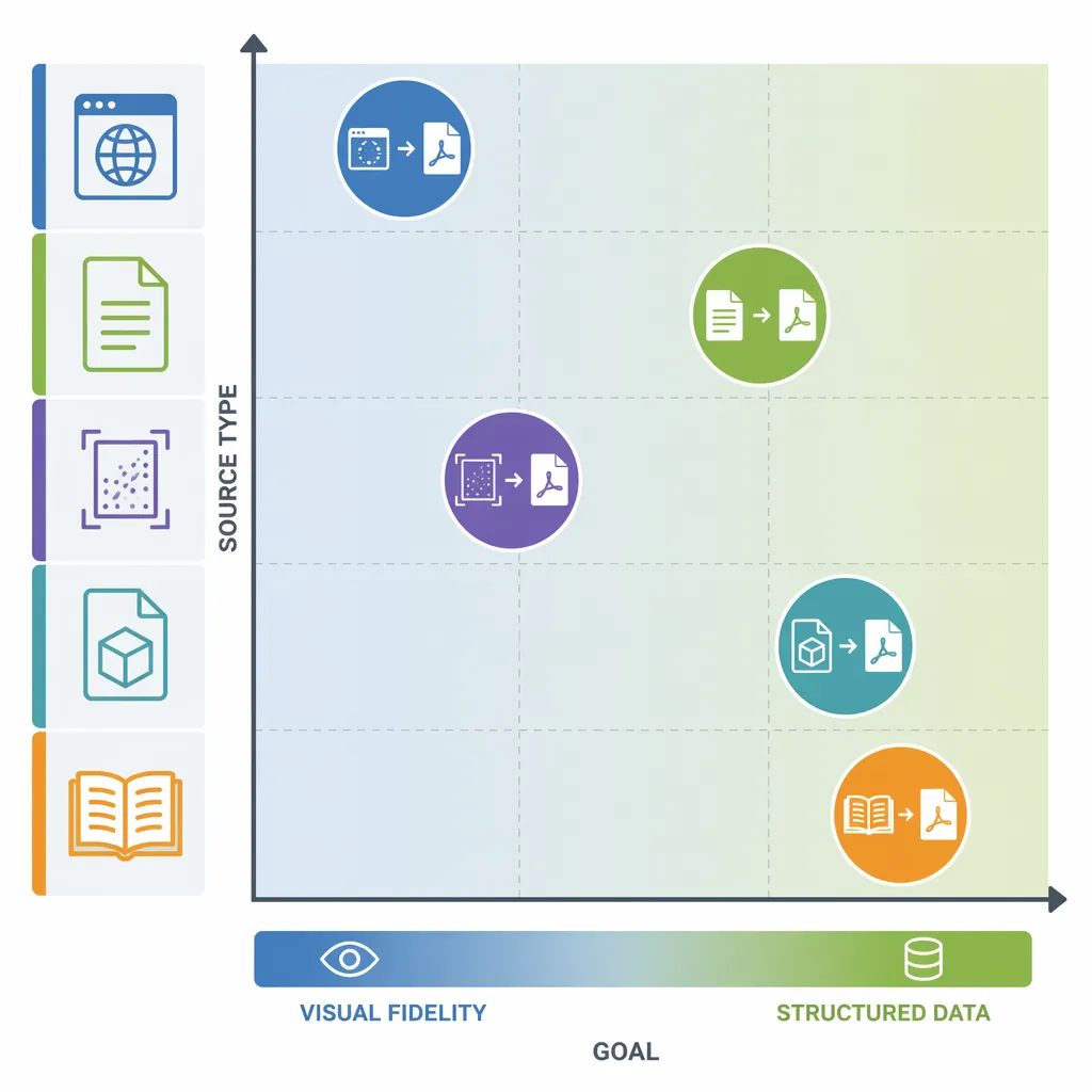 Decision matrix infographic: Web to PDF vs PDF to XML vs DWG to PDF vs EPUB to PDF; axes are goal (v