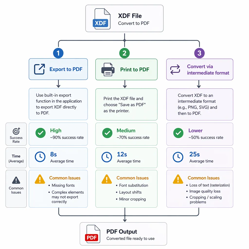 A clean infographic flowchart with three paths for converting XDF to PDF: “Export to PDF”, “Print to