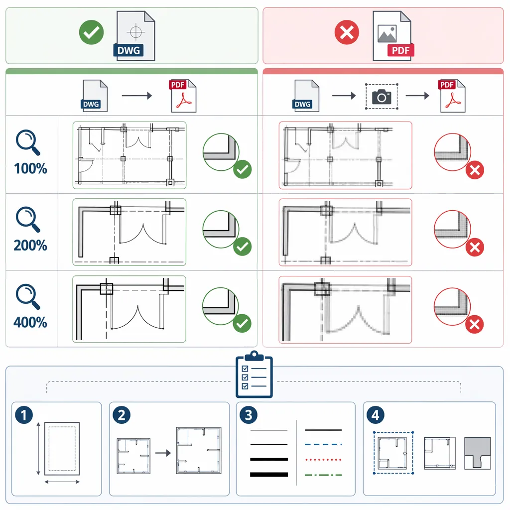 A comparison infographic showing vector PDF export vs screenshot-to-PDF for DWG. Include zoom levels