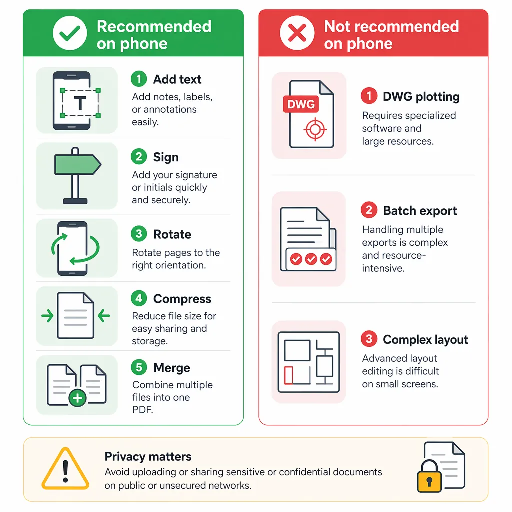 A mobile-friendly infographic split into two columns: “Recommended on phone” (add text, sign, rotate