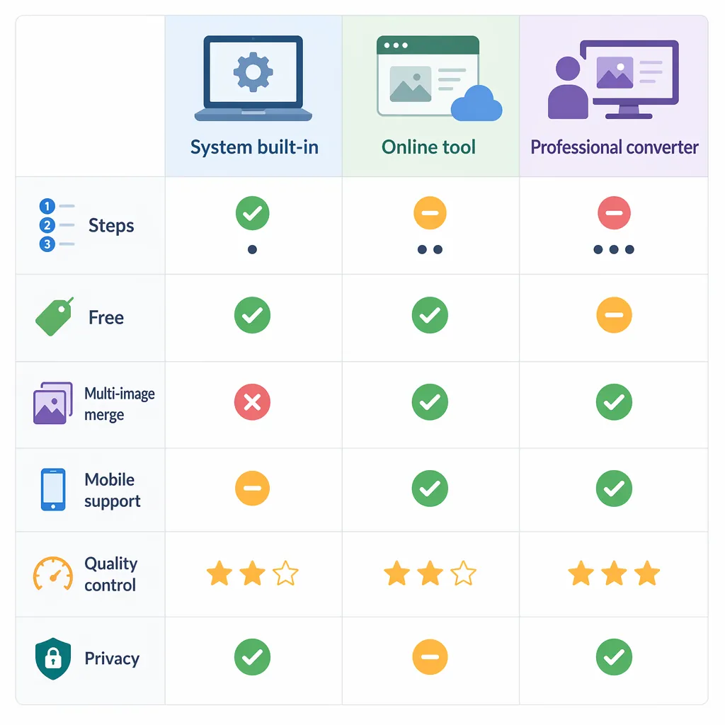 Infographic comparison table with 3 columns (System built-in, Online tool, Professional converter) a