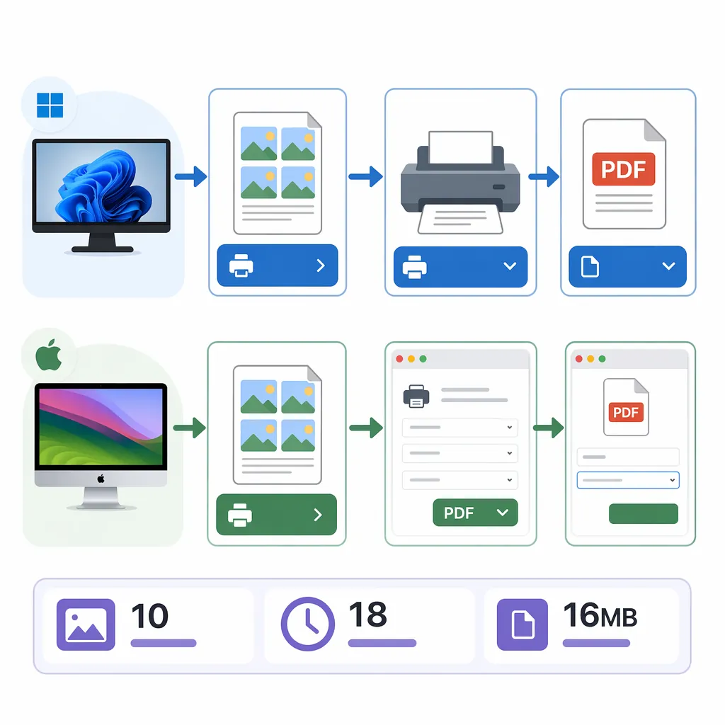 Flowchart showing desktop conversion steps for Windows and Mac with arrows, including key buttons “P