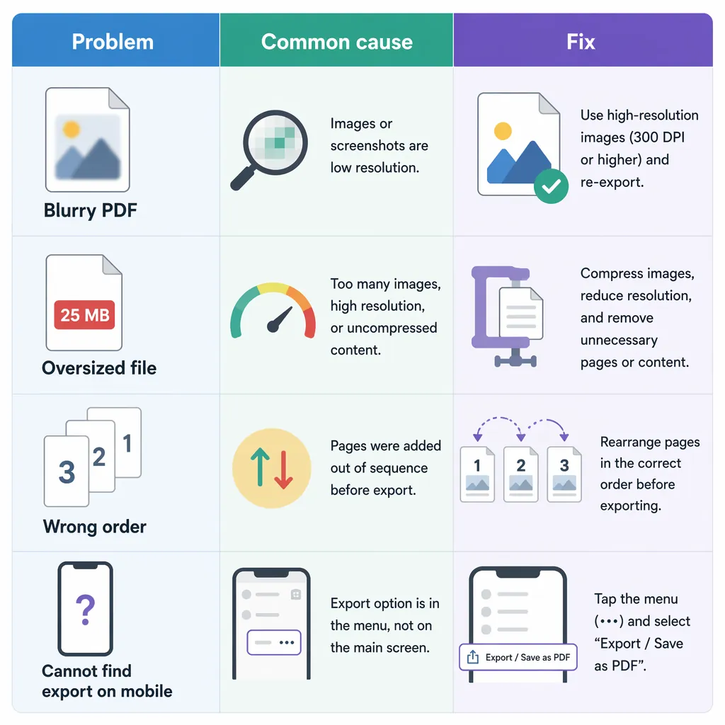 Three-column table infographic labeled Problem / Common cause / Fix, covering blurry PDF, oversized 