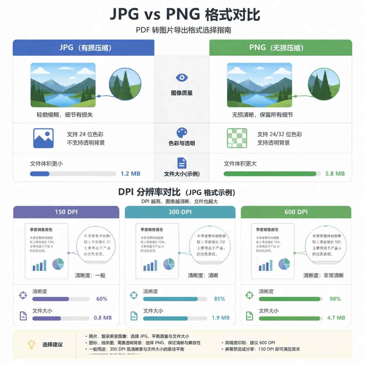 Infographic comparing JPG vs PNG and DPI 150/300/600 for PDF-to-image export, showing sharpness and 