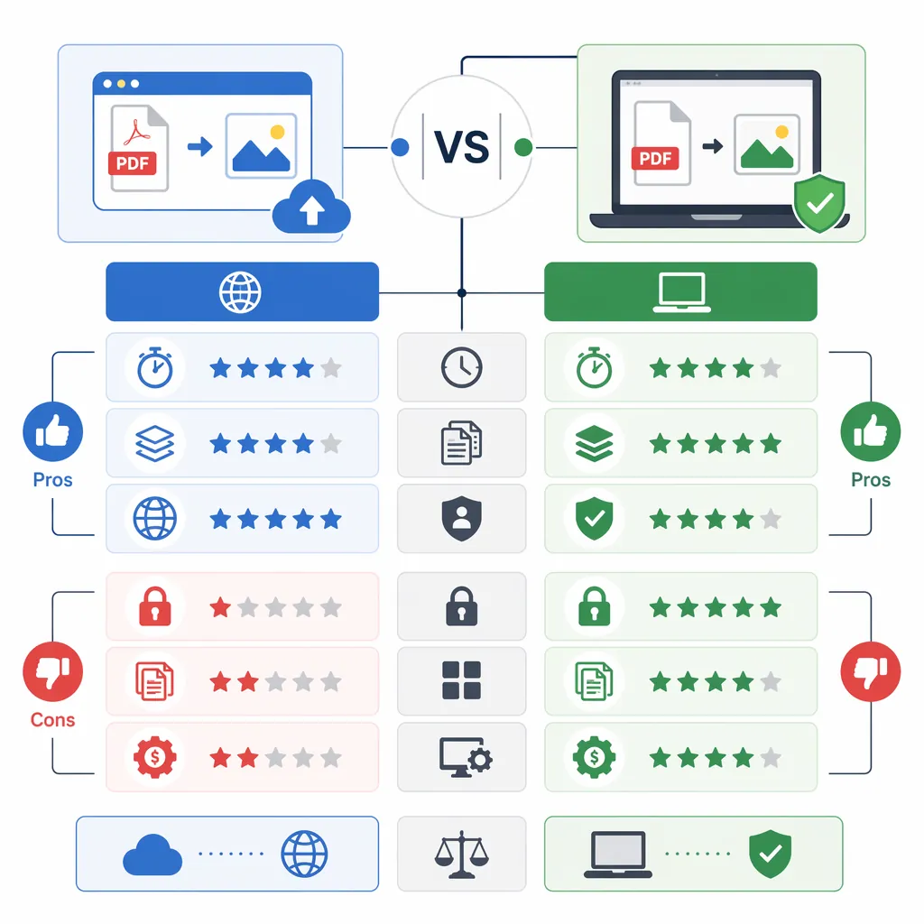 Comparison flowchart of online vs local PDF to JPG conversion, includes pros/cons boxes and metrics 