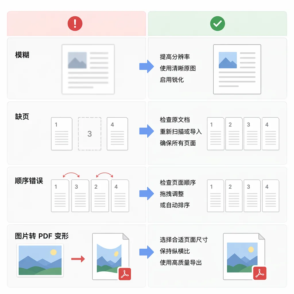 Quick reference table with common issues (blurry, missing pages, wrong order, image to PDF distortio