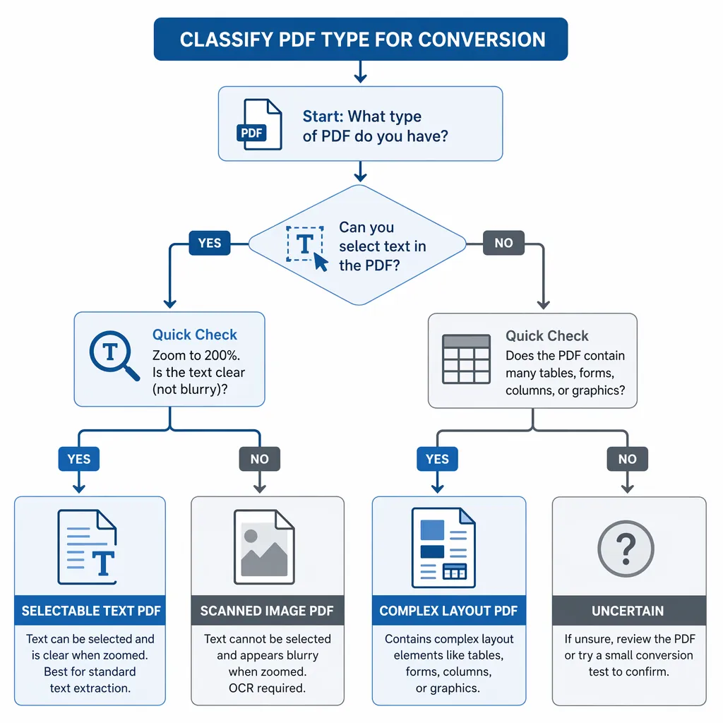 A clean infographic flowchart to classify PDF types for conversion: selectable text PDF, scanned ima