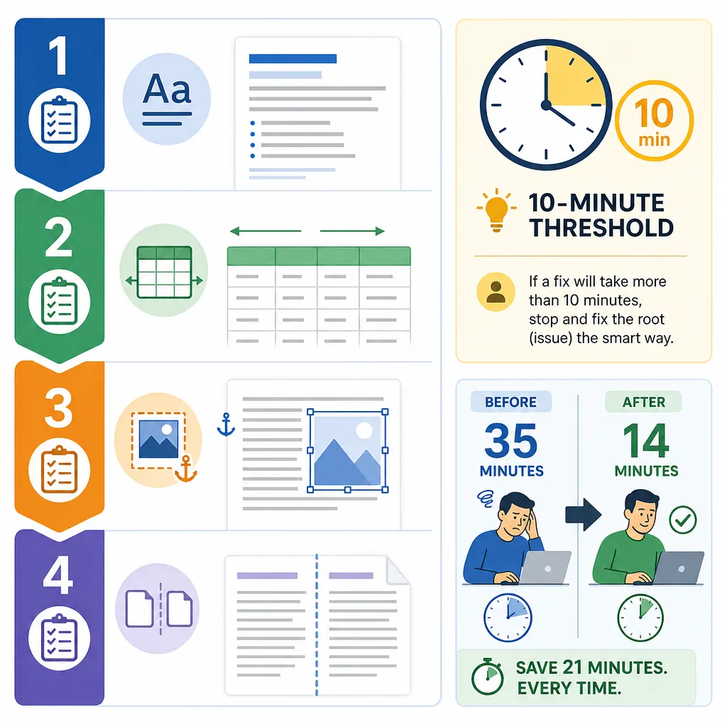 A priority checklist infographic for fixing messy Word after PDF conversion: 1) styles, 2) tables au
