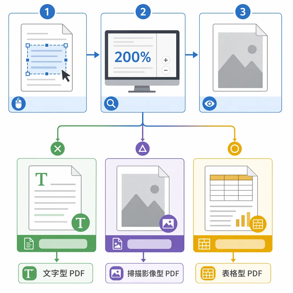 A clean infographic flowchart in Chinese style (no logos), showing 3-step PDF type check: select tex