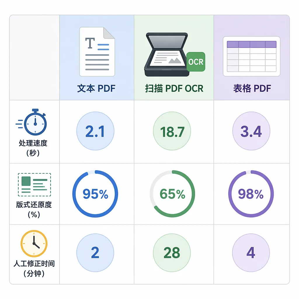 Comparison chart with three columns (Text PDF, Scanned PDF OCR, Table PDF) and rows for speed (secon