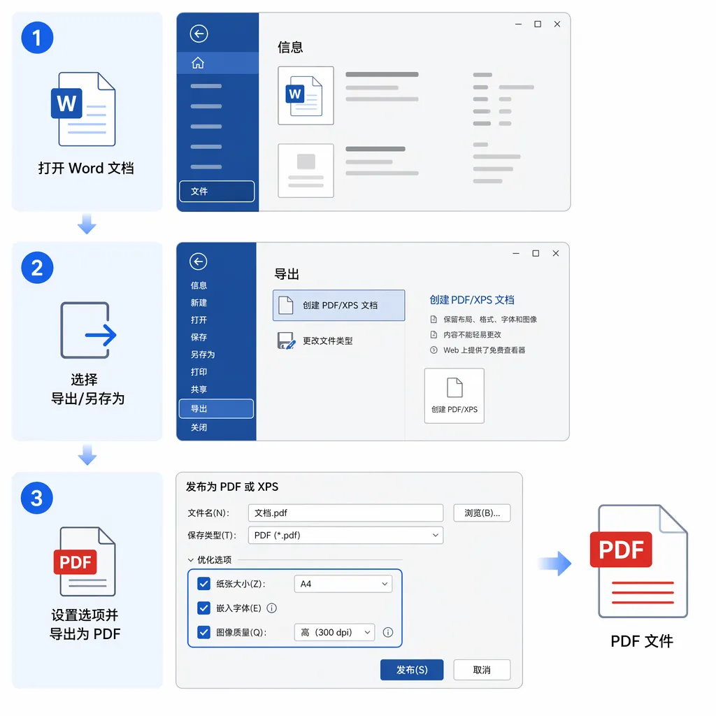 Step-by-step UI infographic for Word exporting to PDF: File > Export/Save As > PDF; include checkbox