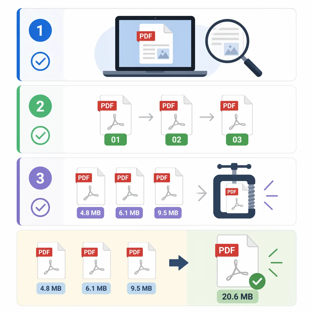 A clean infographic checklist for merging PDFs: 1) open each PDF to verify, 2) rename files with 01-