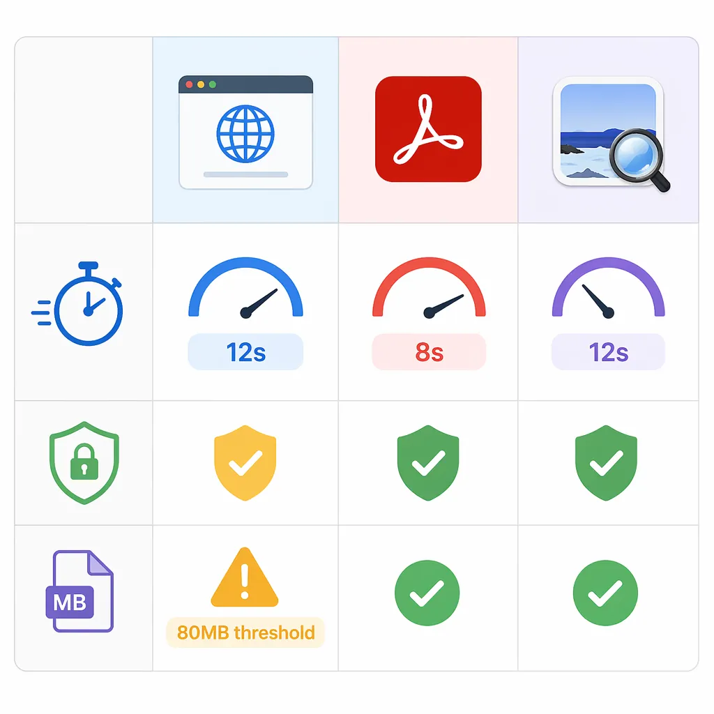 Comparison table infographic of three methods (Online / Acrobat desktop / macOS Preview) with column