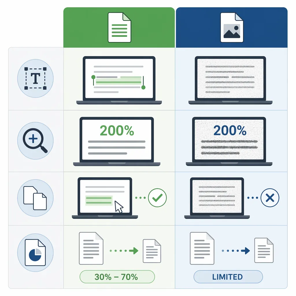 Infographic comparing text-based PDF vs scanned image PDF: icons for selectable text, zoom 200% clar
