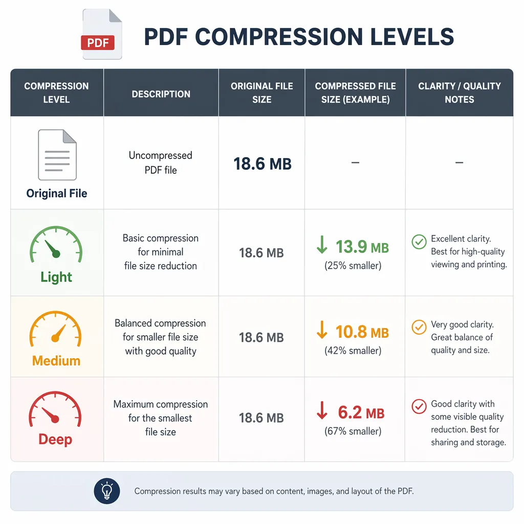 Data comparison chart of PDF compression levels (light/medium/deep) showing file size changes and cl