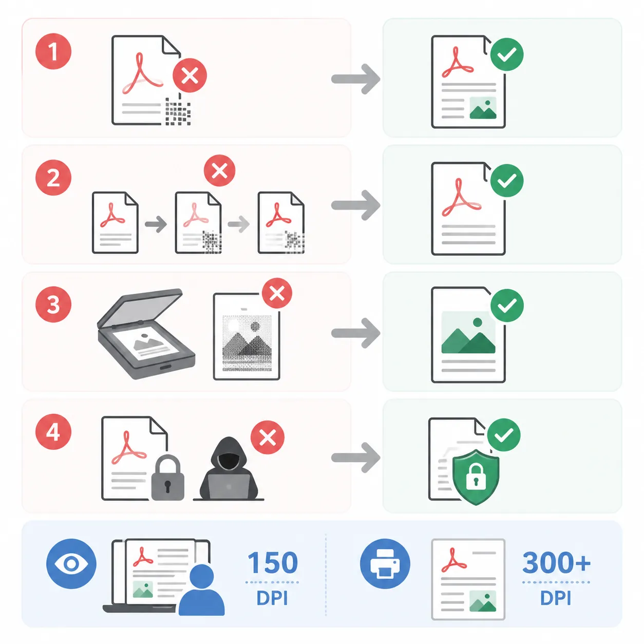 Checklist-style infographic of 4 pitfalls in PDF compression (too small, repeated compression, no im