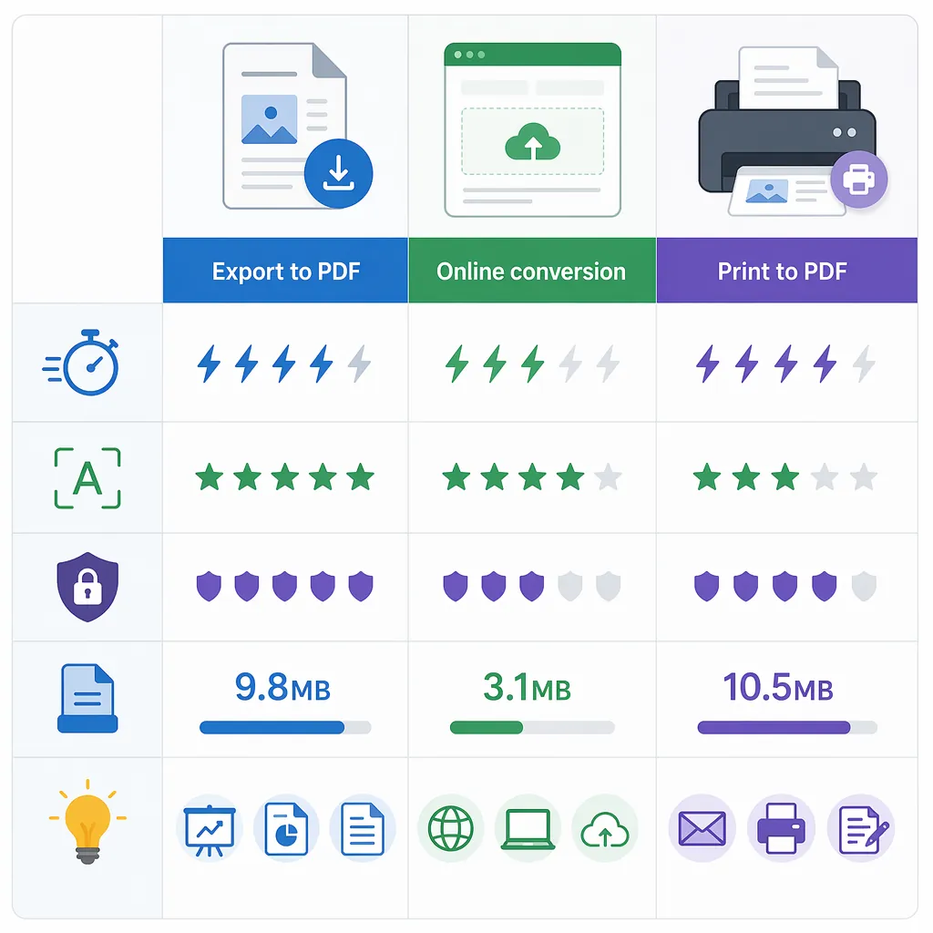 Comparison table infographic with three columns: Export to PDF, Online conversion, Print to PDF; row