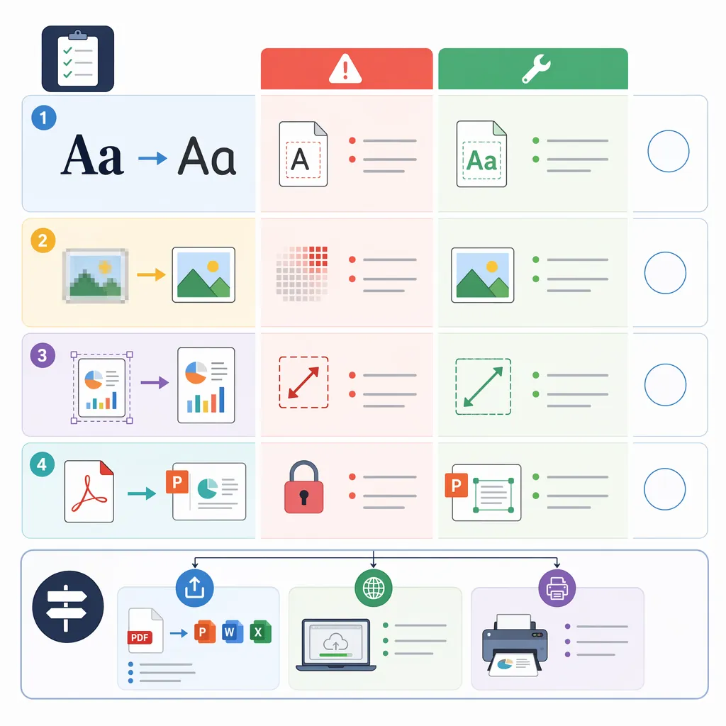 Checklist infographic for common PDF conversion issues: font changed, blurry images, wrong scaling, 