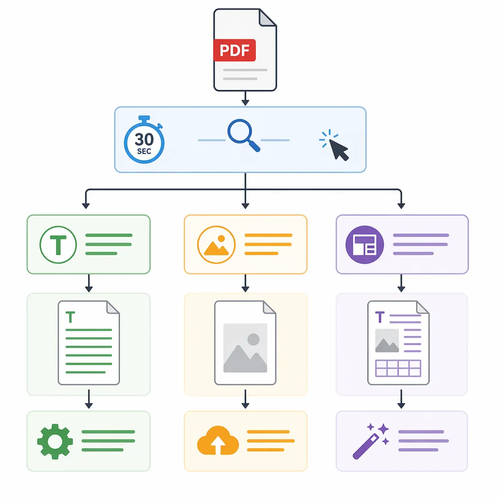Clean infographic flowchart classifying PDFs into three types (text-based, scanned, mixed layout) wi