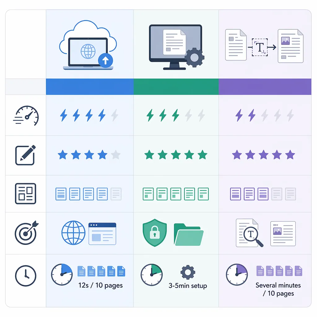 Comparison table infographic of three methods (online convert, local converter, OCR then rebuild) wi